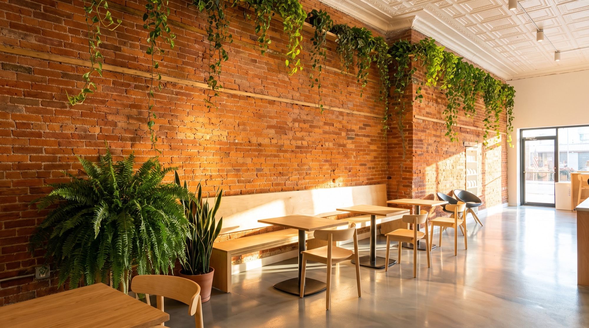 Inside Fusion Coffee — exposed brick wall and light oak tables framed by a leafy fern and trailing greenery, beneath a pressed-tin ceiling in warm afternoon light.