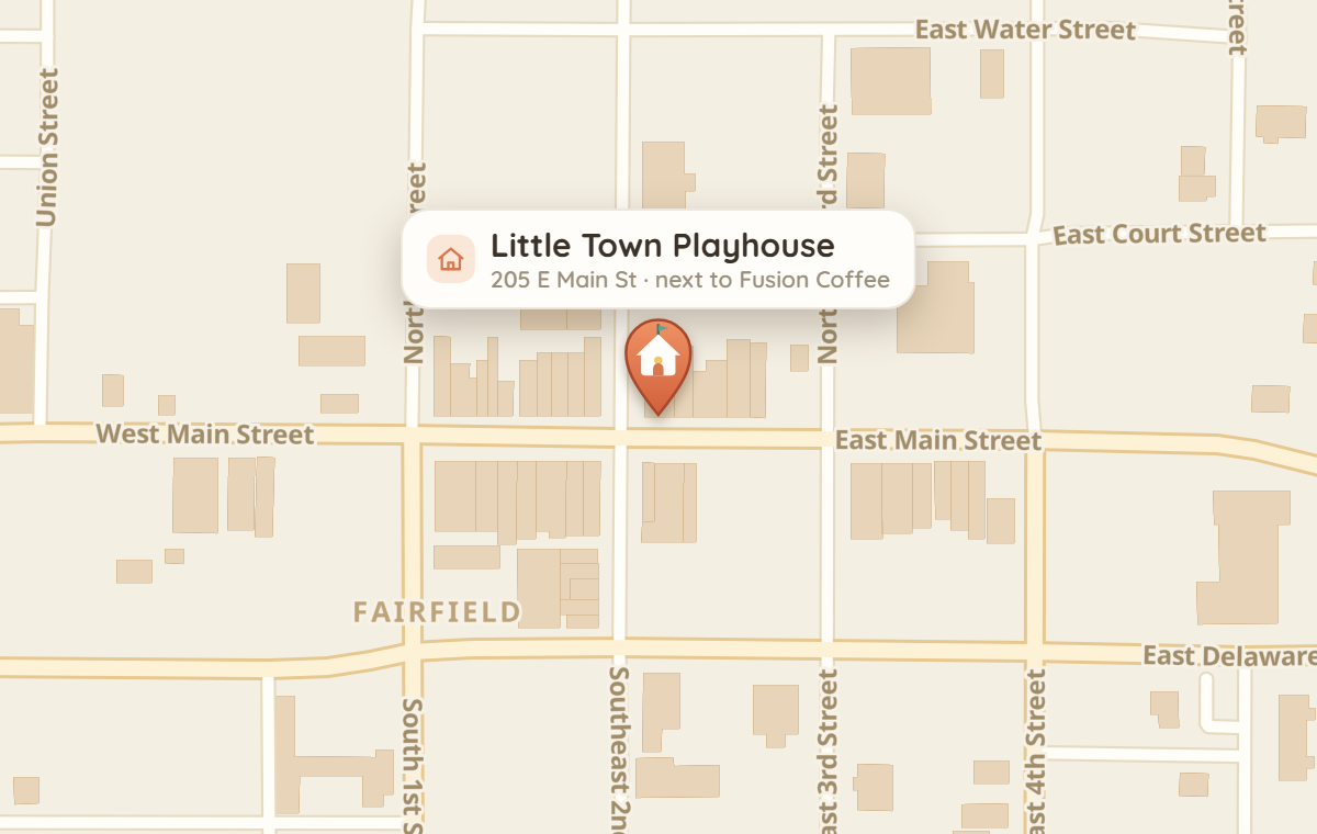 Map of 205 East Main Street, Fairfield, IL — Little Town Playhouse, next door to Fusion Coffee.